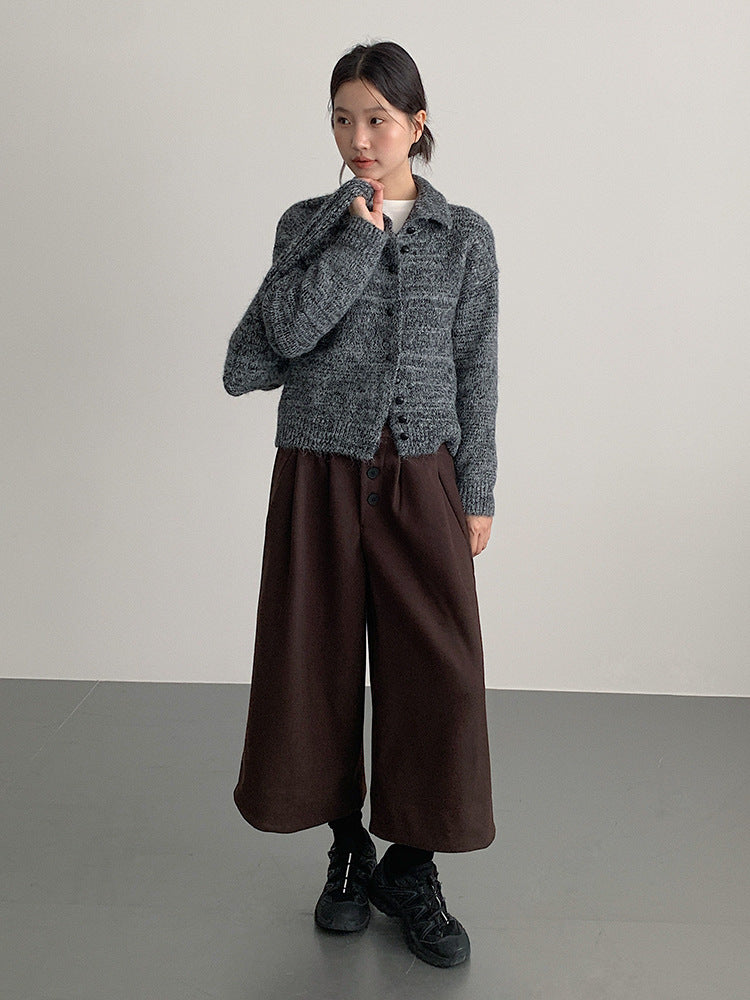 【LD3301】實拍韓系簡約高腰毛呢闊腿七分褲251103