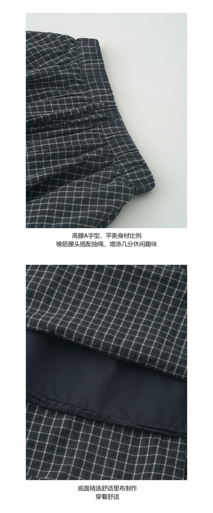 【H5171】實拍夏季休閒復古鬆緊腰格紋A字裙250407