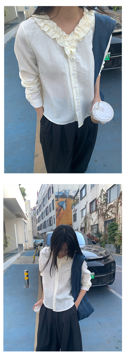 【H5021】實拍法式小清新荷葉V領長袖襯衫250210