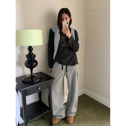 【H5499】實拍 復古磨毛狗狗印花長袖T恤251118