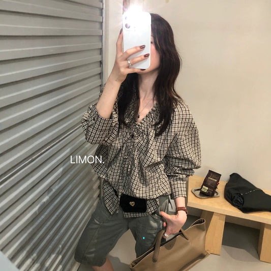 【L11016】檸檬2026早秋韓系少女復古格紋綁帶V領長袖襯衫260728