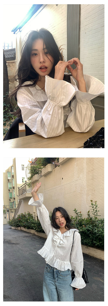 【H5009】實拍早春韓系荷葉V領泡泡袖襯衫250210