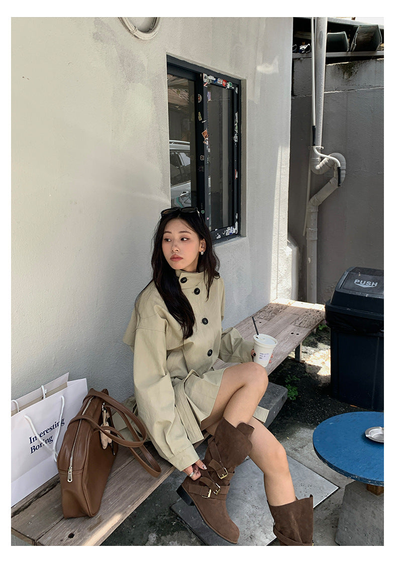 【H5400】實拍韓系慵懶卡其立領收腰風衣外套250902