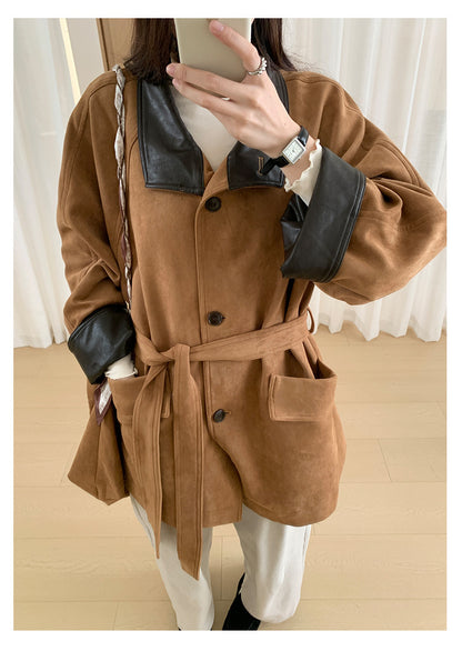 【H569】實拍復古個性皮革拼麂皮絨大衣外套＋麂皮肩背包251021