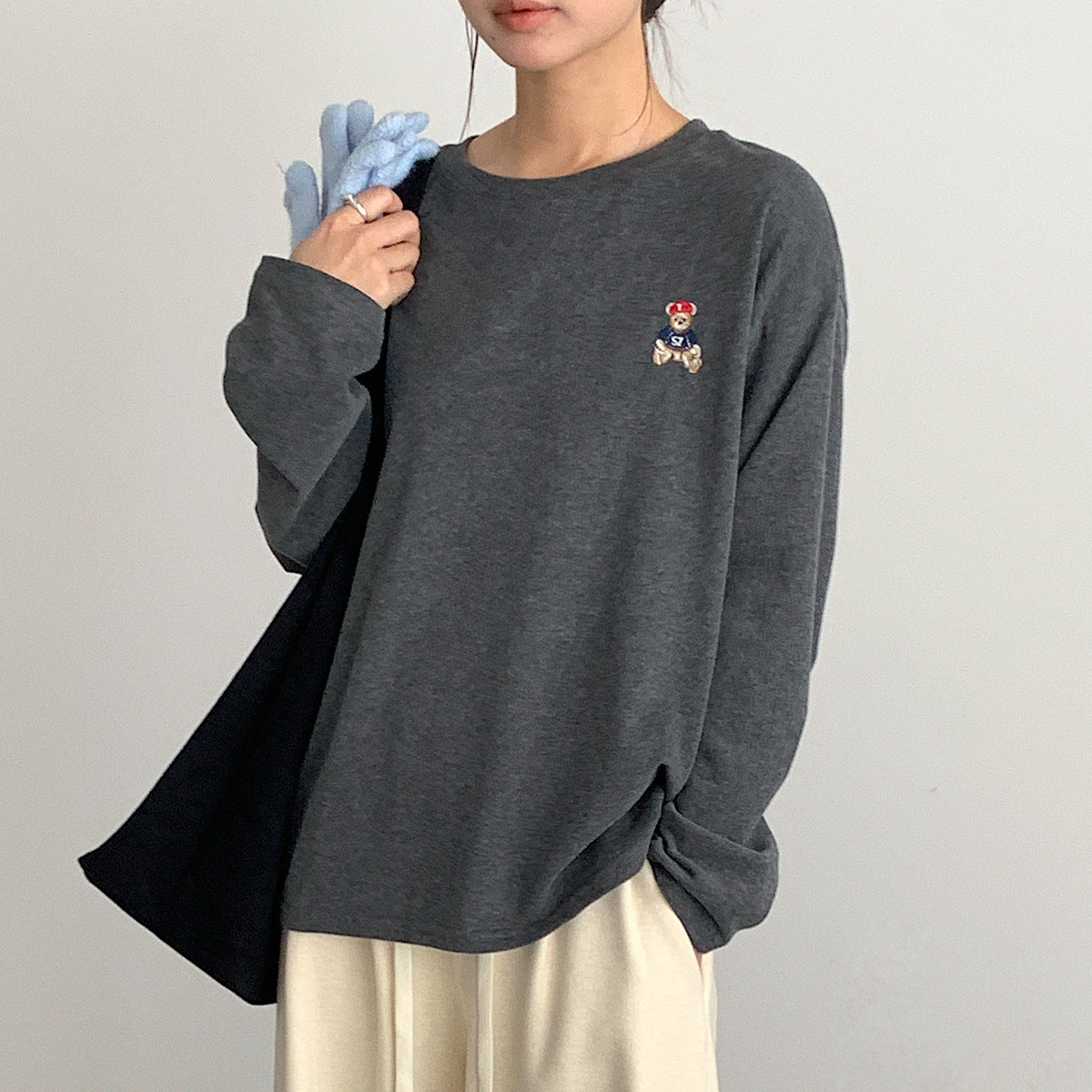 【LD11025】實拍舒適小熊刺繡寬鬆長袖T恤251124