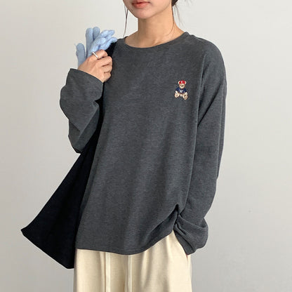 【LD11025】實拍舒適小熊刺繡寬鬆長袖T恤251124