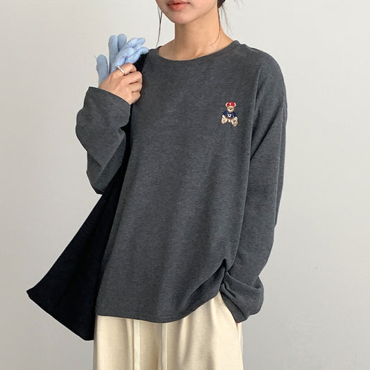 【LD11025】實拍舒適小熊刺繡寬鬆長袖T恤251124