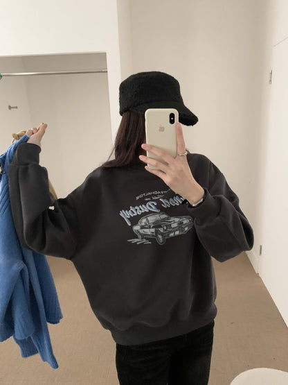 【H573】實拍美式汽車印花寬鬆圓領衛衣251021