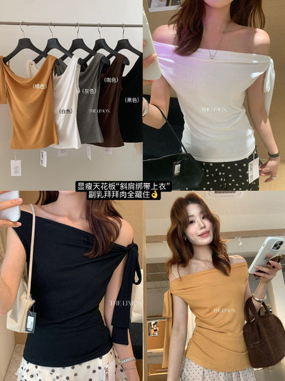 【L10708】氣質微性感款！夏季法式百搭斜肩/單肩綁帶短袖上衣/T恤260602