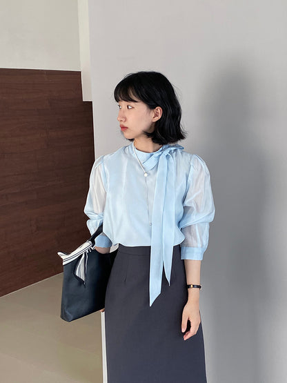 【cimz1186】韓系知性通勤🤍質感蝴蝶結飄帶天絲半高領長袖襯衫260319