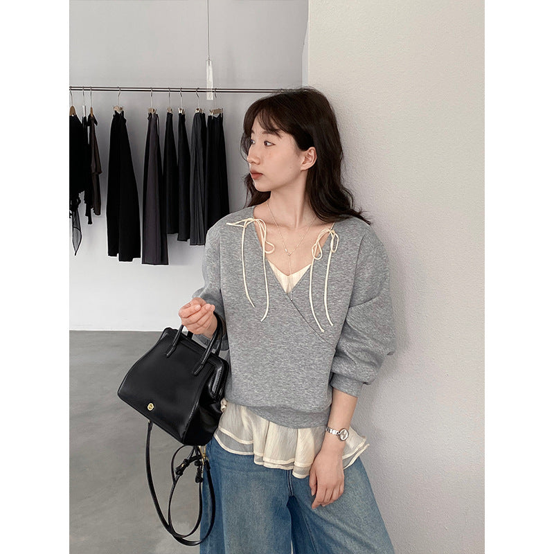 【cimz1793】芭蕾女伶風🩰層次疊穿假兩件綁帶雪紡t-shirt 260319