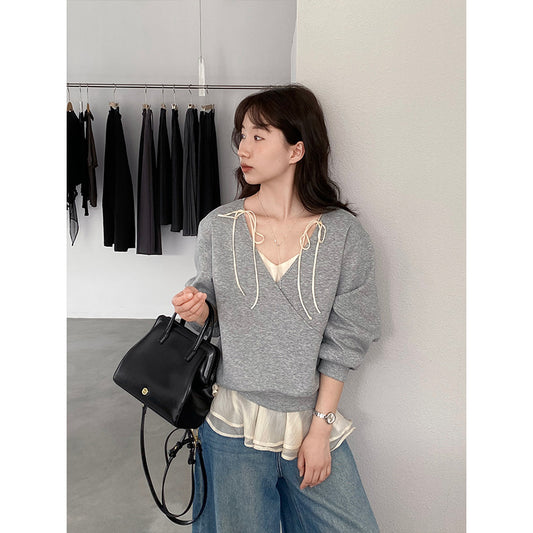 【cimz1793】芭蕾女伶風🩰層次疊穿假兩件綁帶雪紡t-shirt 260319