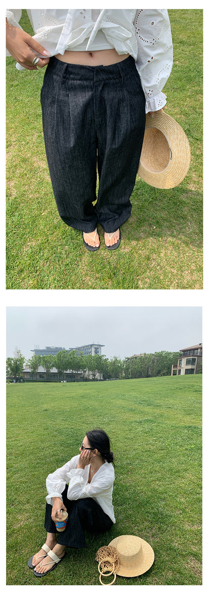 【H5284】實拍夏天韓系復古打摺黑色闊腿褲250603