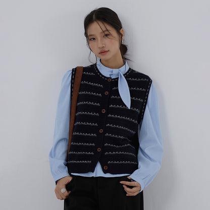 【LD3278】實拍小圓領長袖襯衫+條紋針織背心（分開下單）251103