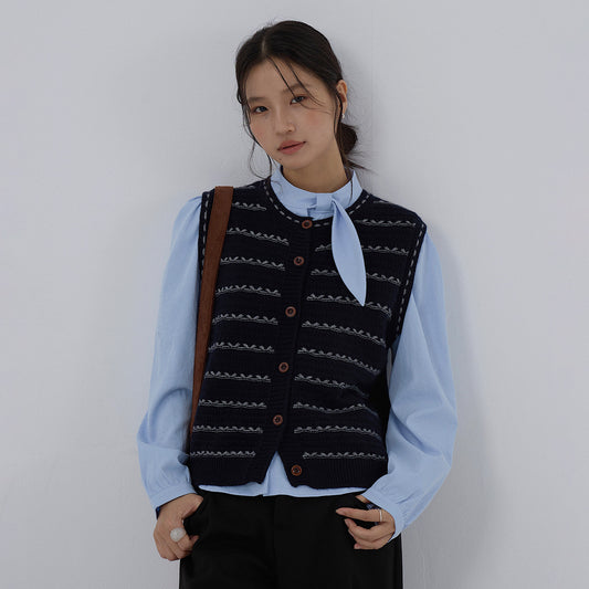 【LD3278】實拍小圓領長袖襯衫+條紋針織背心（分開下單）251103