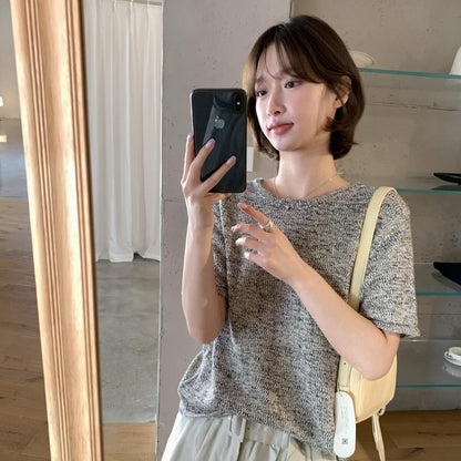 【LR991371】實拍imiss高級感氣質！高級感混雜色圓領短袖針織衫260305