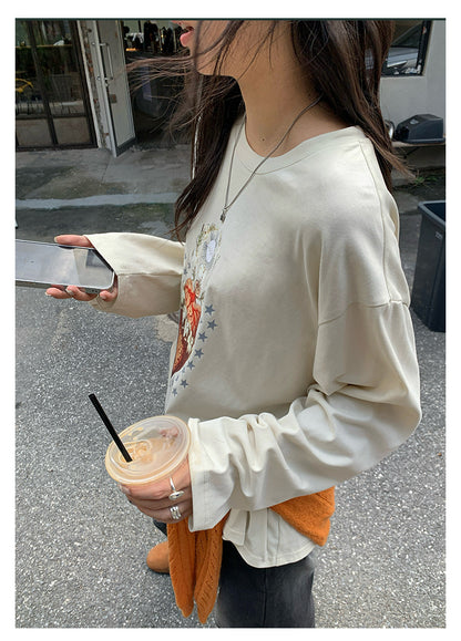 【H5397】實拍韓系甜美少女寬鬆長袖T恤250902