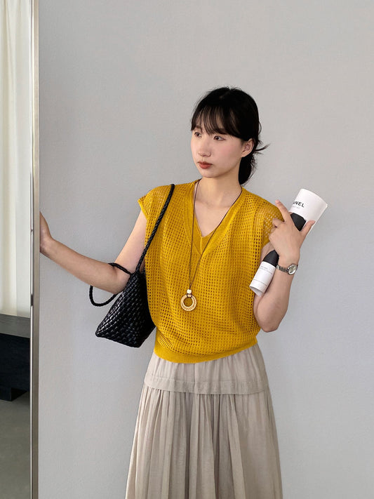 【cimz8002】韓系溫柔仙女系☁️百搭減齡V領鏤空修身短袖針織衫260709