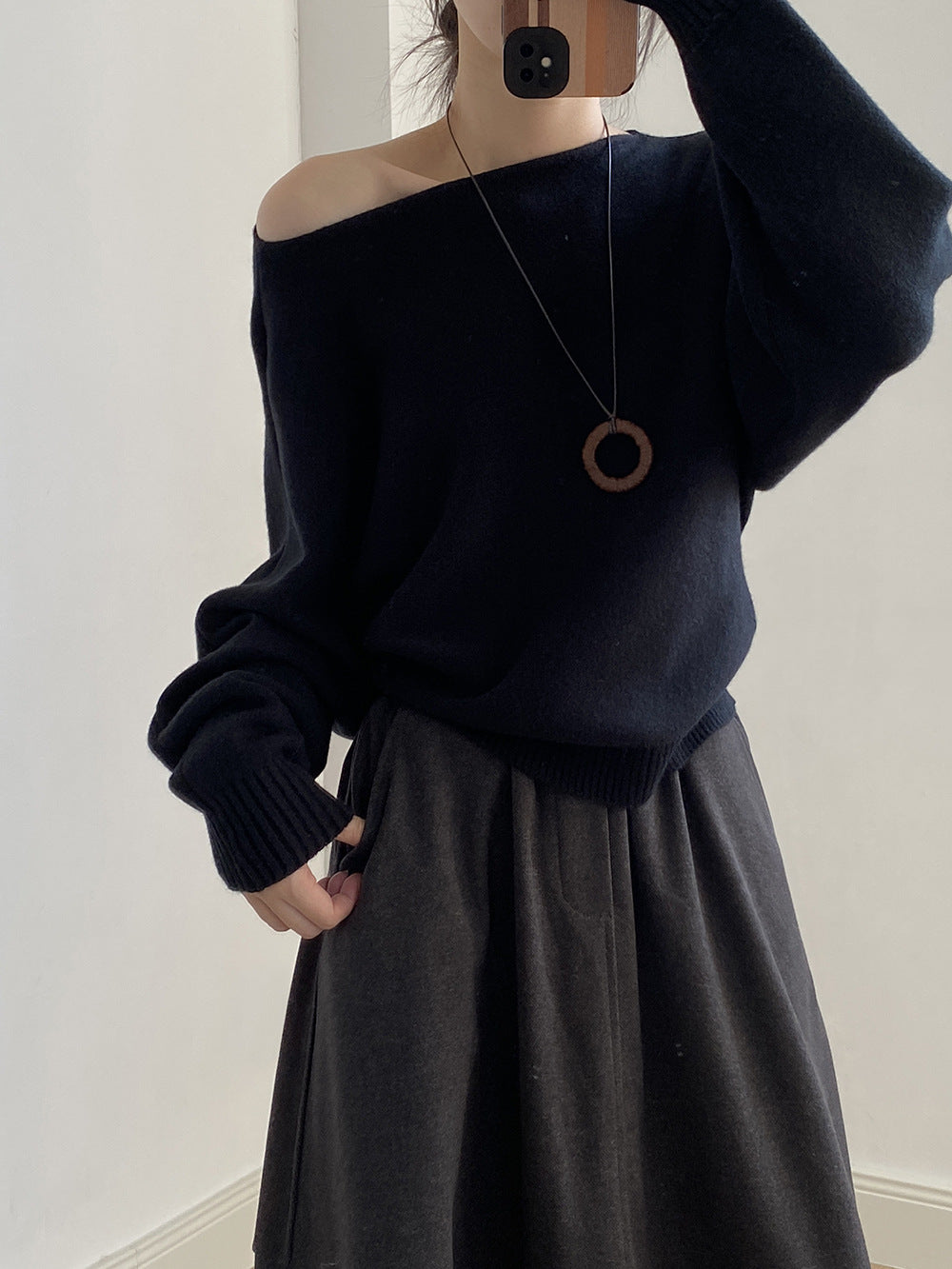 【YP2081】 實拍一字領斜肩慵懶針織毛衣251023