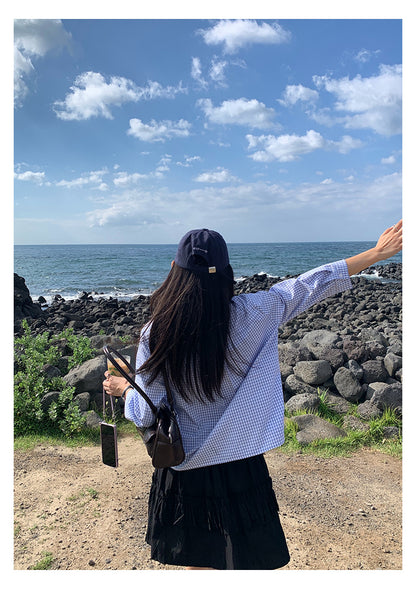 【H5382】實拍休閒寬鬆短版藍色條紋襯衫250902