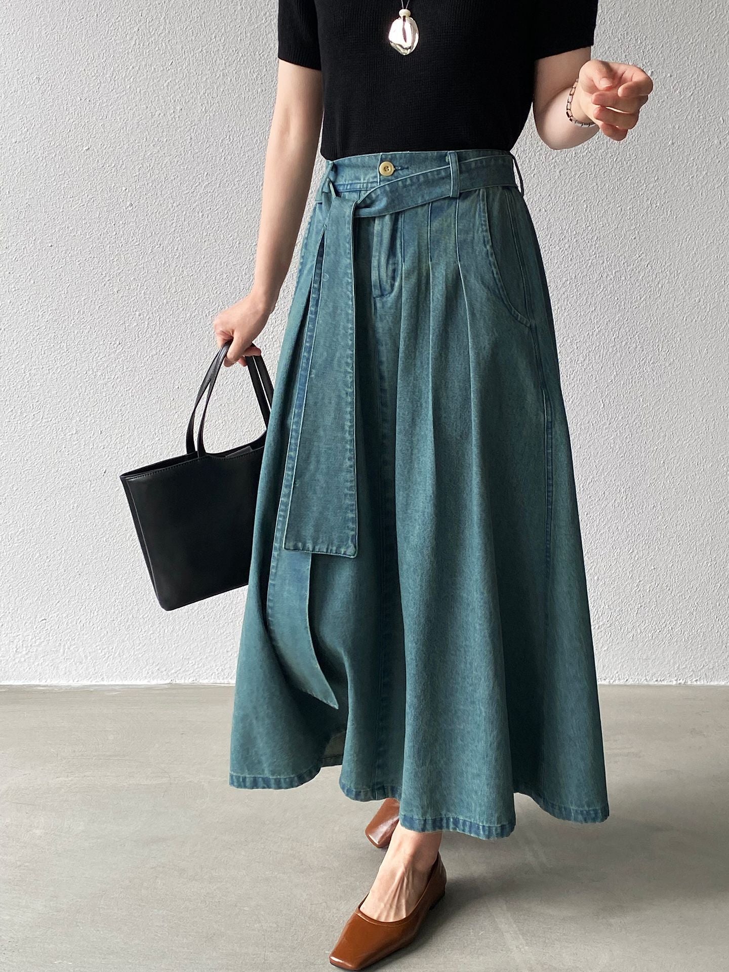 【cimz6517】實拍韓系簡約休閒風✨高腰顯瘦綁帶A字長版牛仔裙260409