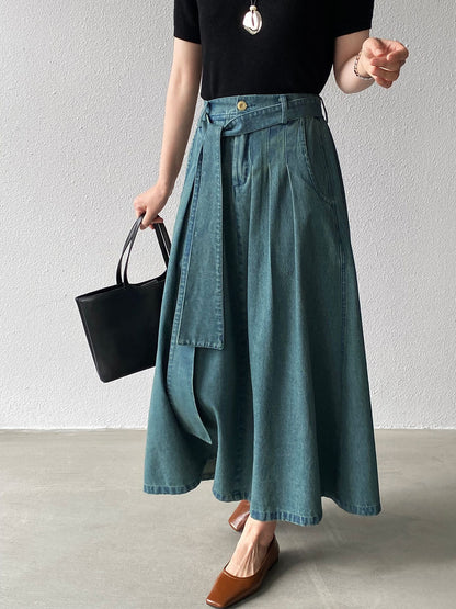 【cimz6517】實拍韓系簡約休閒風✨高腰顯瘦綁帶A字長版牛仔裙260409