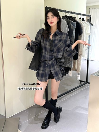 【L9205】實拍檸檬家復古磨毛格紋繫帶襯衫＋腰帶250901