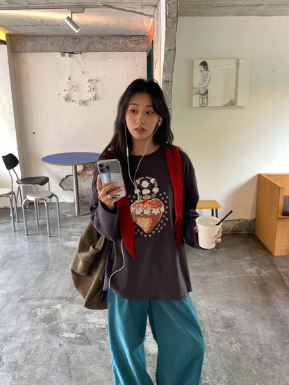 【H5397】實拍韓系甜美少女寬鬆長袖T恤250902