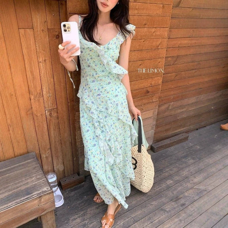【L10702】法式溫柔仙女🌸氣質碎花收腰顯瘦不規則荷葉連身洋裝260610