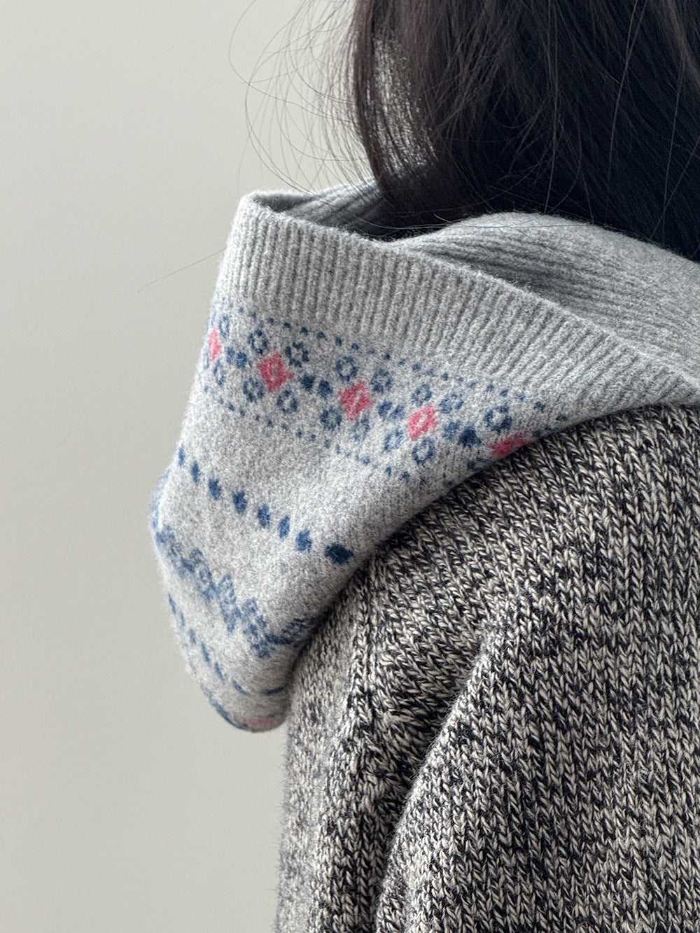 【YW571】實拍冬季復古可愛費爾島提花一体連帽針織圍巾251113