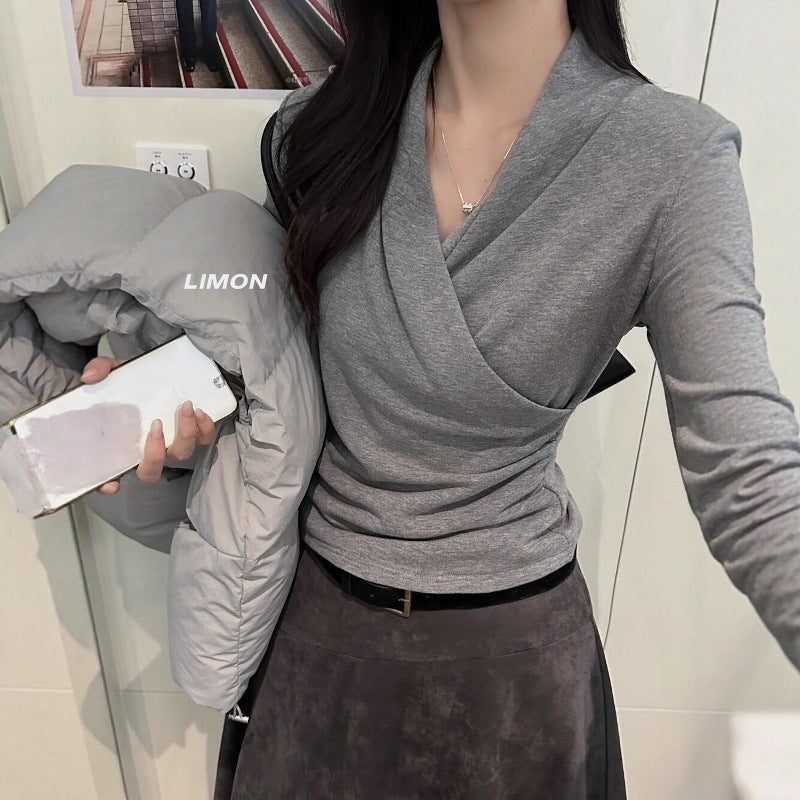 【L9312】檸檬法式簡約交叉羊絨薄绒V領長袖T恤251117