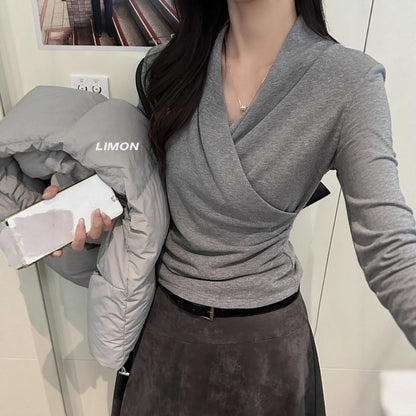【L9312】檸檬法式簡約交叉羊絨薄绒V領長袖T恤251117