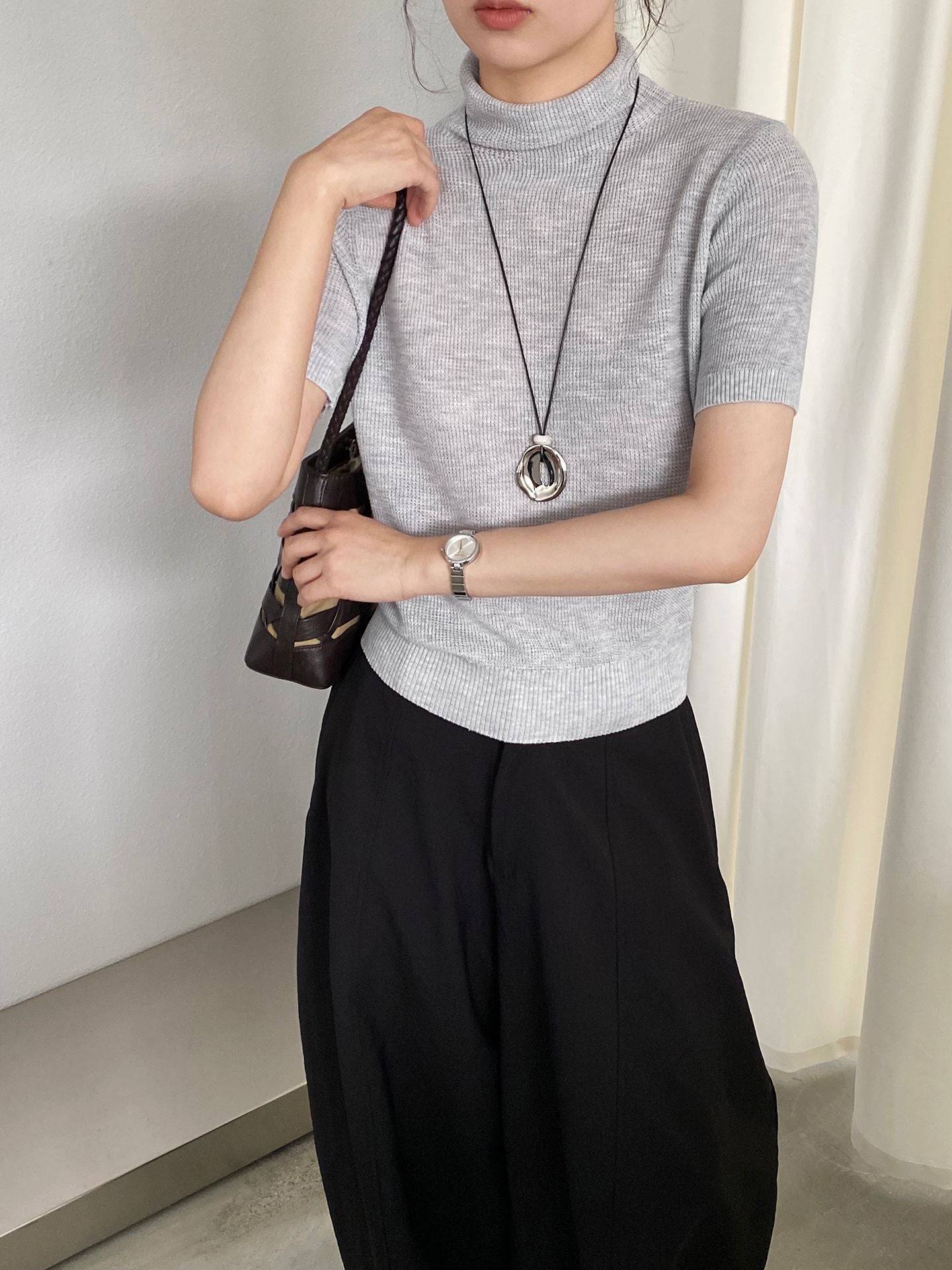 【cimz0663】實拍四季隨意搭☁️韓系半高領顯瘦短袖針織T恤/上衣260409