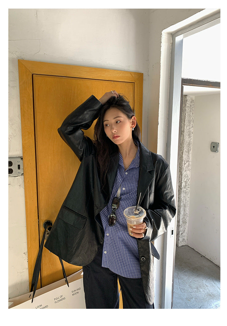 【H5401】實拍後背開叉藍色格子長袖襯衫250902