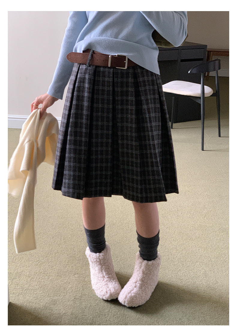 【H5502】實拍學院復古磨毛格子百褶A字裙251118