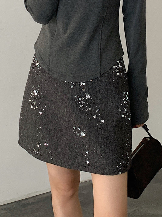 【LD11045】實拍S~XL法式重工時髦毛呢亮片短裙251202