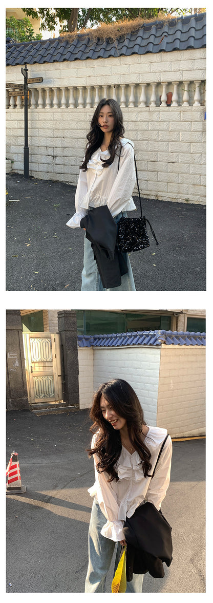 【H5009】實拍早春韓系荷葉V領泡泡袖襯衫250210