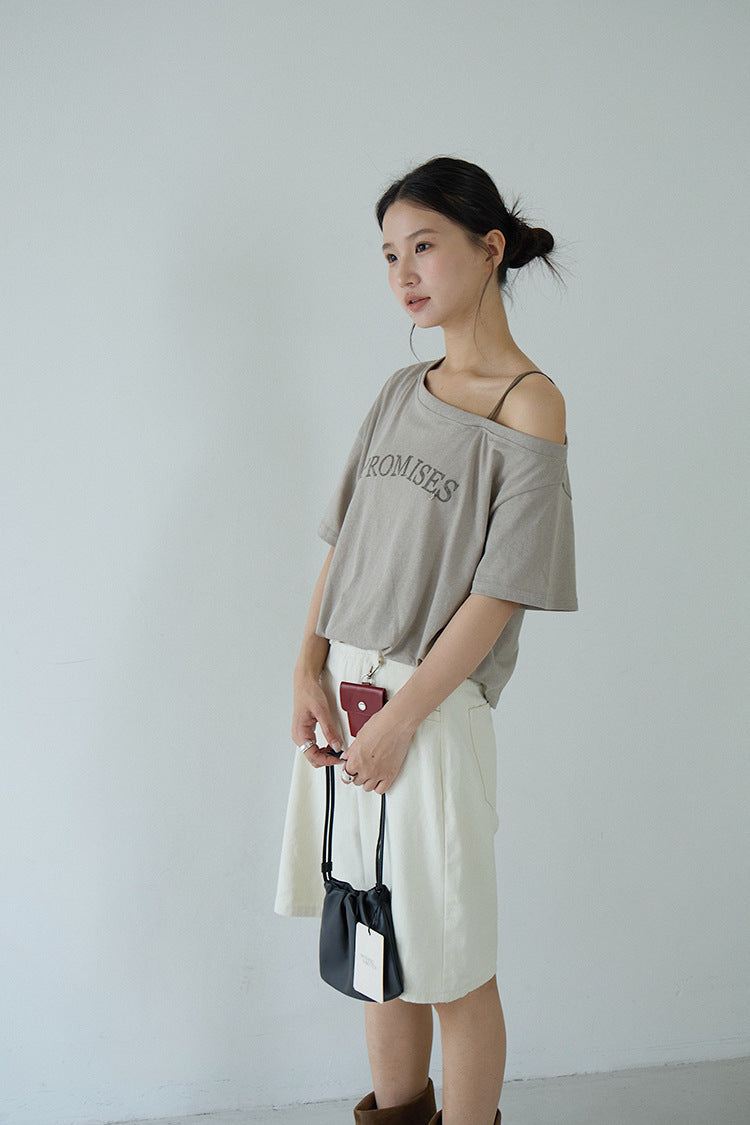 【LD11301】韓系休閒OOTD☕米杏色高腰牛仔棉五分褲+時髦腰帶鑰匙包配件260519
