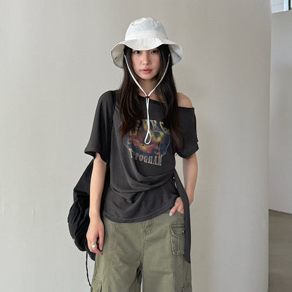 【LD11353】美式街頭微性感💋字母印花綁帶斜肩修身短袖T恤上衣260622