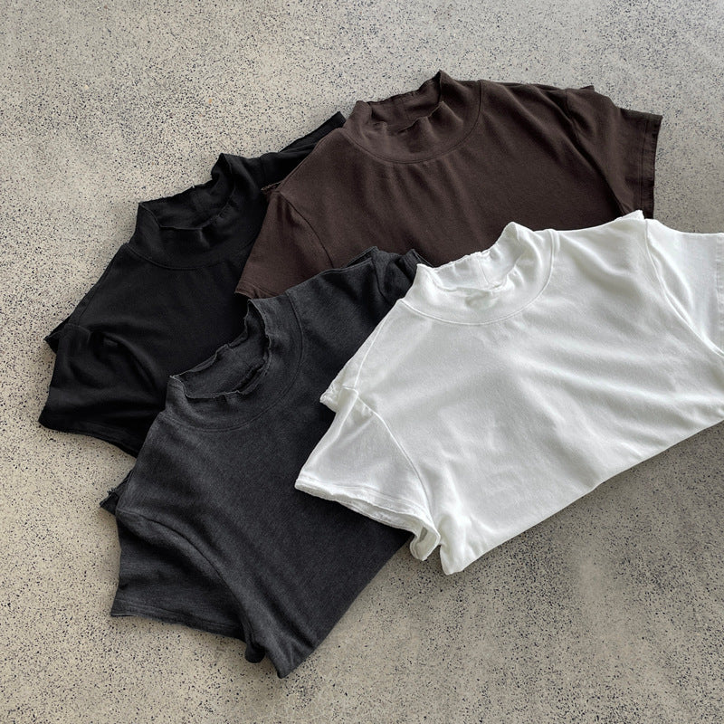 【cimH66207】極簡百搭・正肩半高領毛邊短袖t-shirt 260828