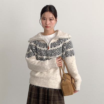 【LD11004】實拍兔絨毛混紡費爾島針織毛衣半拉鏈大翻領251110