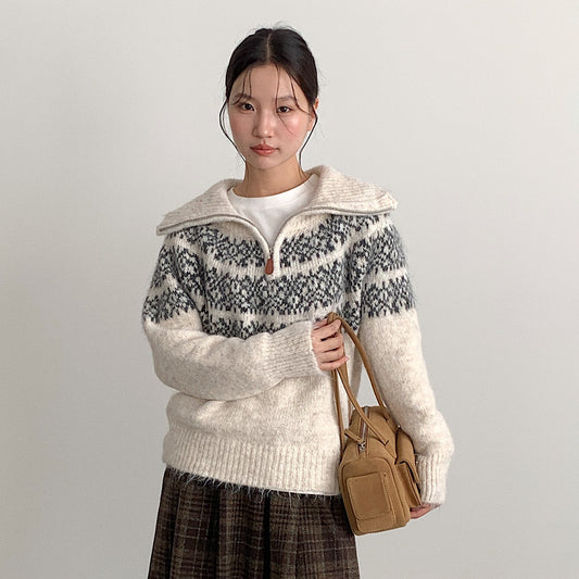 【LD11004】實拍兔絨毛混紡費爾島針織毛衣半拉鏈大翻領251110