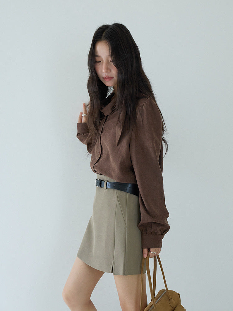 【LD3194】實拍秋冬個性立領飄帶襯衫251110