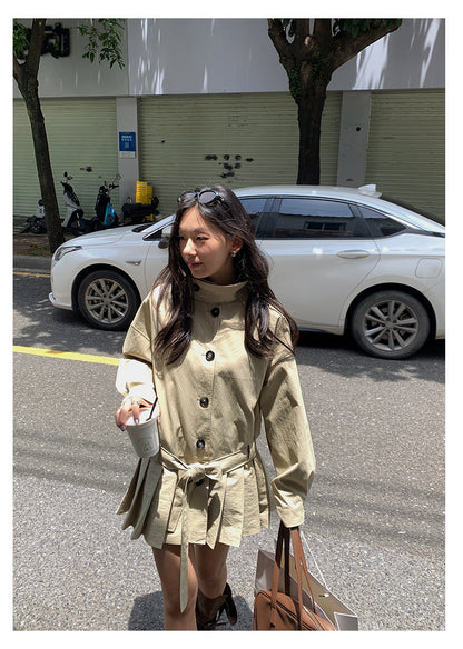 【H5400】實拍韓系慵懶卡其立領收腰風衣外套250902