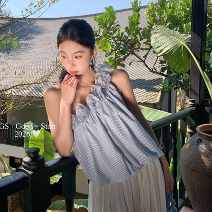 【LD0358W】法式溫柔仙女系🌸立體花朵條紋斜肩無袖上衣260323