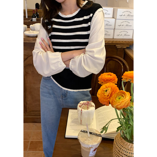 在台現貨【H742】實拍韓國清新氣質設計假兩件上衣