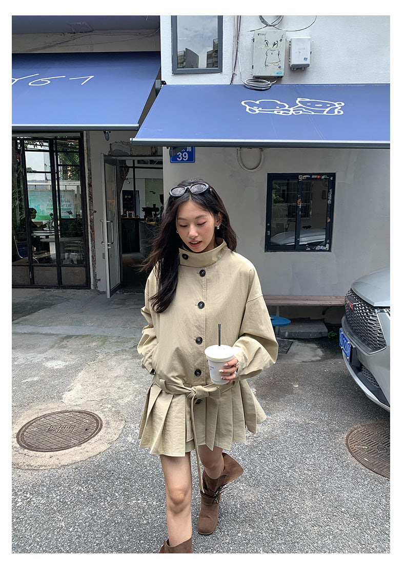 【H5400】實拍韓系慵懶卡其立領收腰風衣外套250902