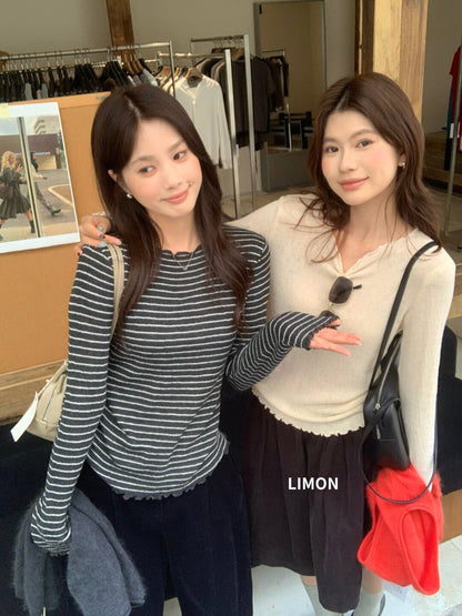 【LNM8599】檸檬家極簡肌理感・木耳邊圓領長袖針織衫260916
