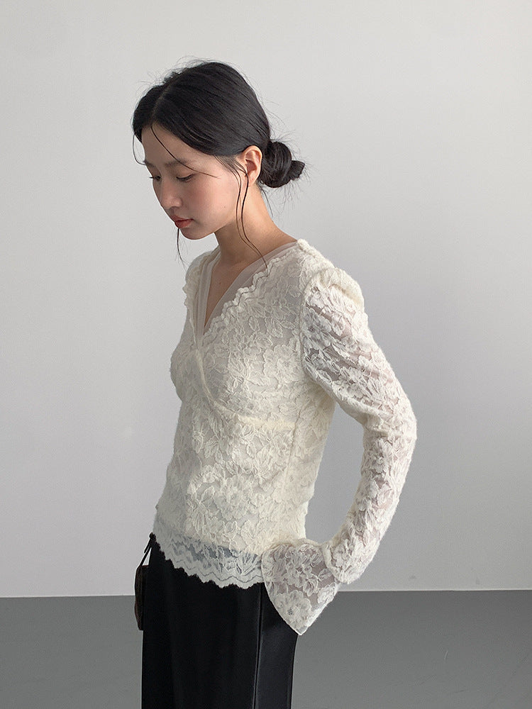 【LD3295】實拍法式喇叭袖加絨蕾絲衫251103