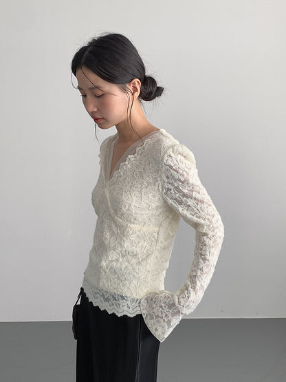 【LD3295】實拍法式喇叭袖加絨蕾絲衫251103